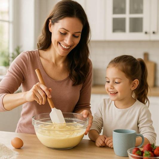 enfant et maman utilisent spatule pour gateau