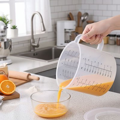 nana prepare omelette dans verre doseur